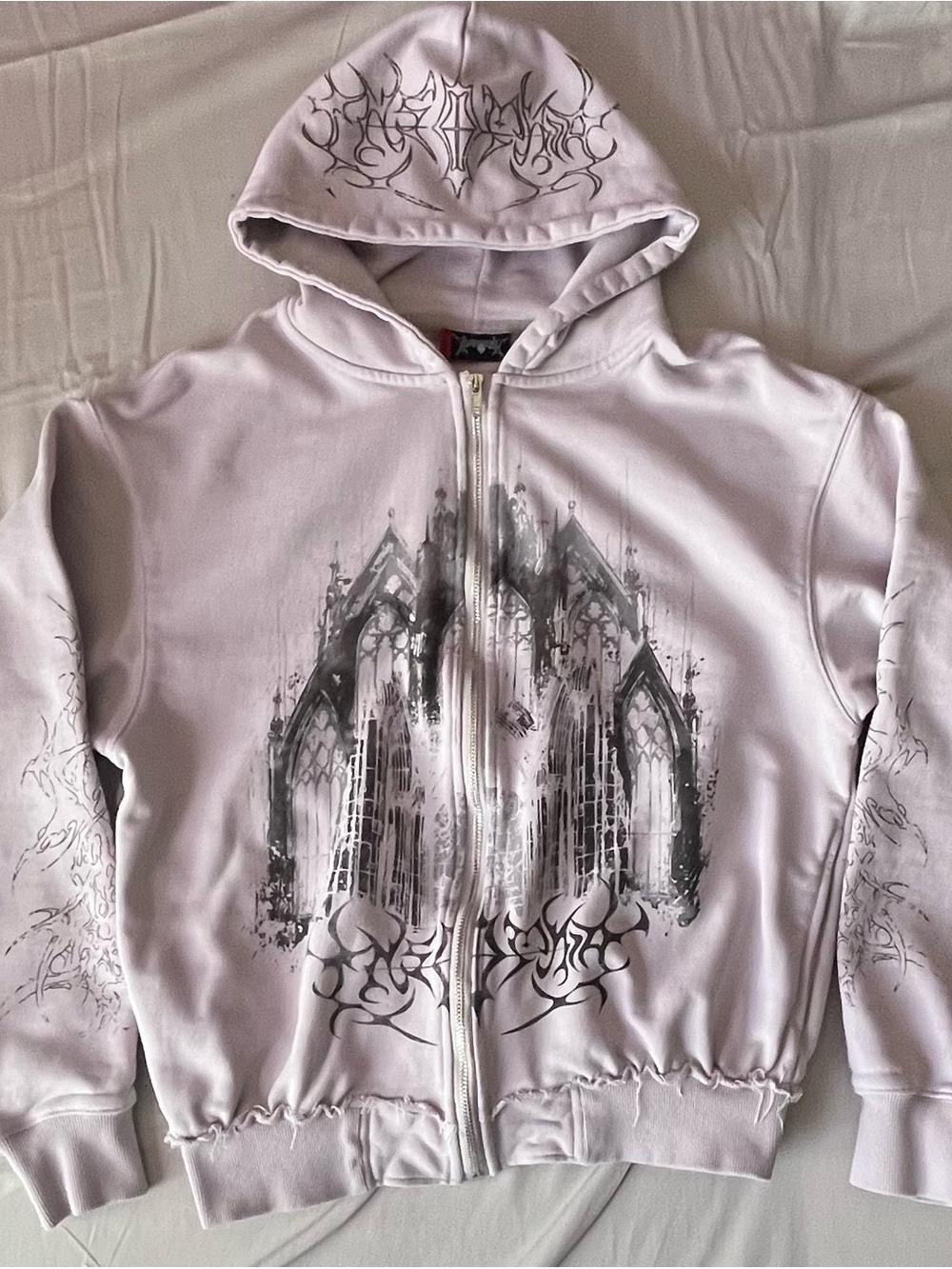Lilac Gothic Cathedral Zip-Up Hoodie with Hooded Graphic